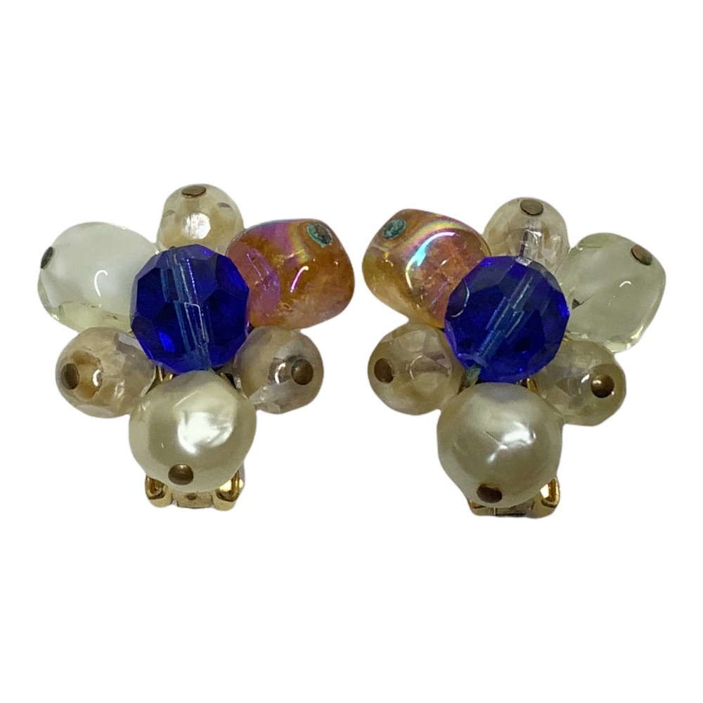Vintage Hattie Carnegie Earrings Clip On Bead Cluster Multicolor Signed 50s 60s